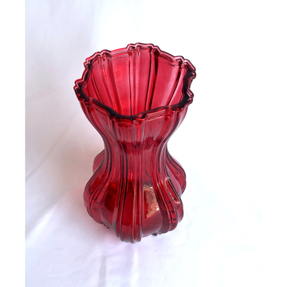 Vintage Red Glass Hourglass Shape Vase with Acorn Logo on bottom - Picture 3 of 7